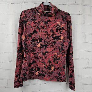 Peruvian Connection Dark Red Floral Print Turtleneck Sweater Shirt Womens M
